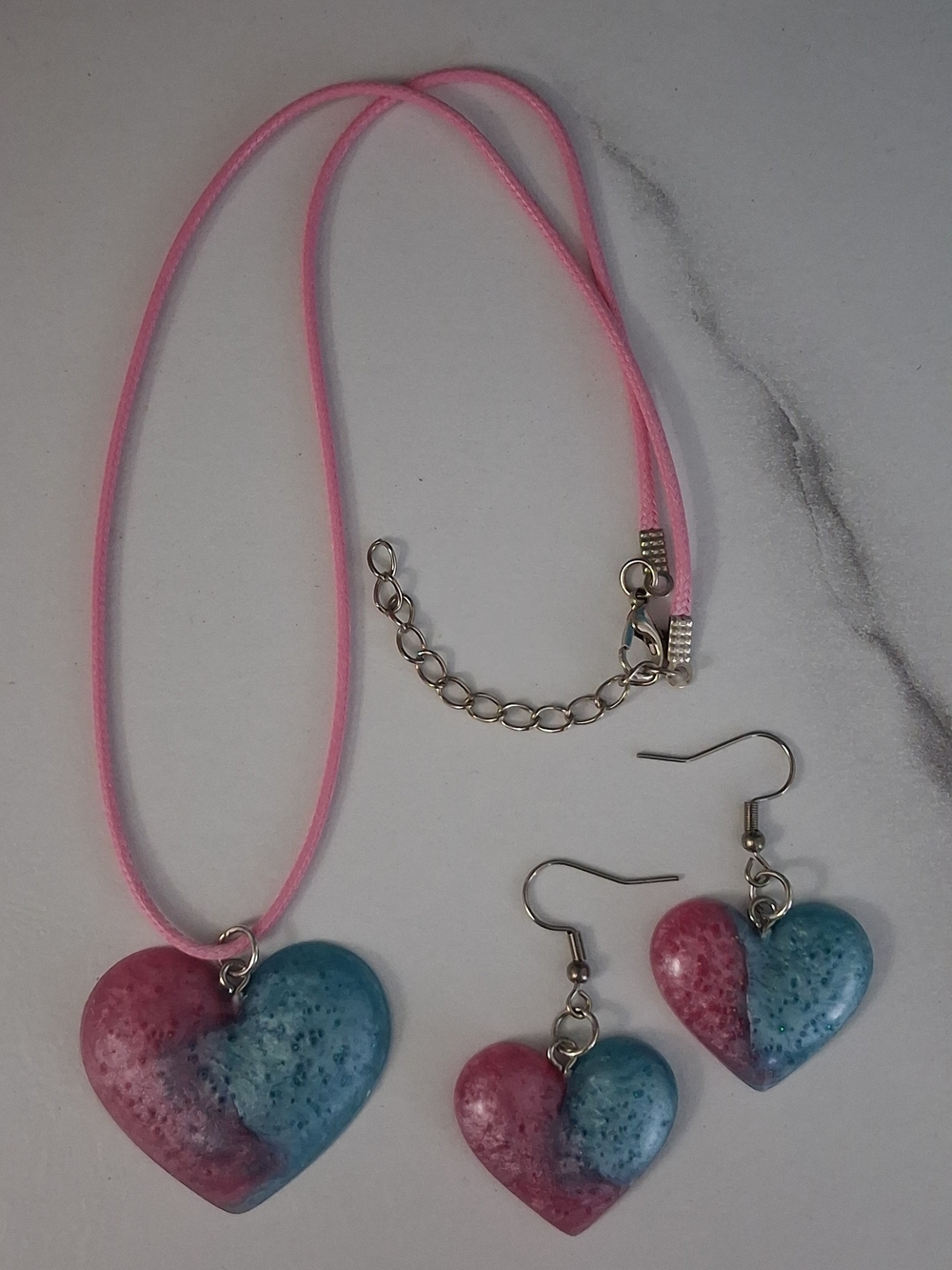 Two-Tone Pink & Blue Heart Necklace and Earring Set